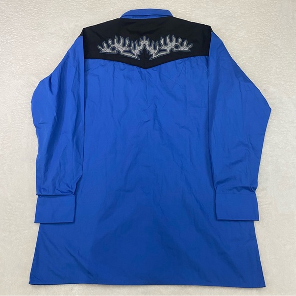 Vintage MWG Johnny West Western Men Shirts Blue Black Size Large LS Pearl Snap - Picture 7 of 11